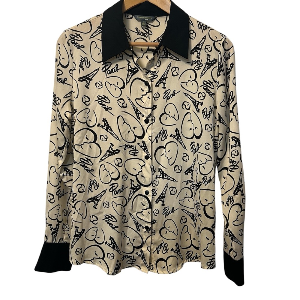 Catherine Malandrino Beige and Black Paris Artwork Blouse Size M